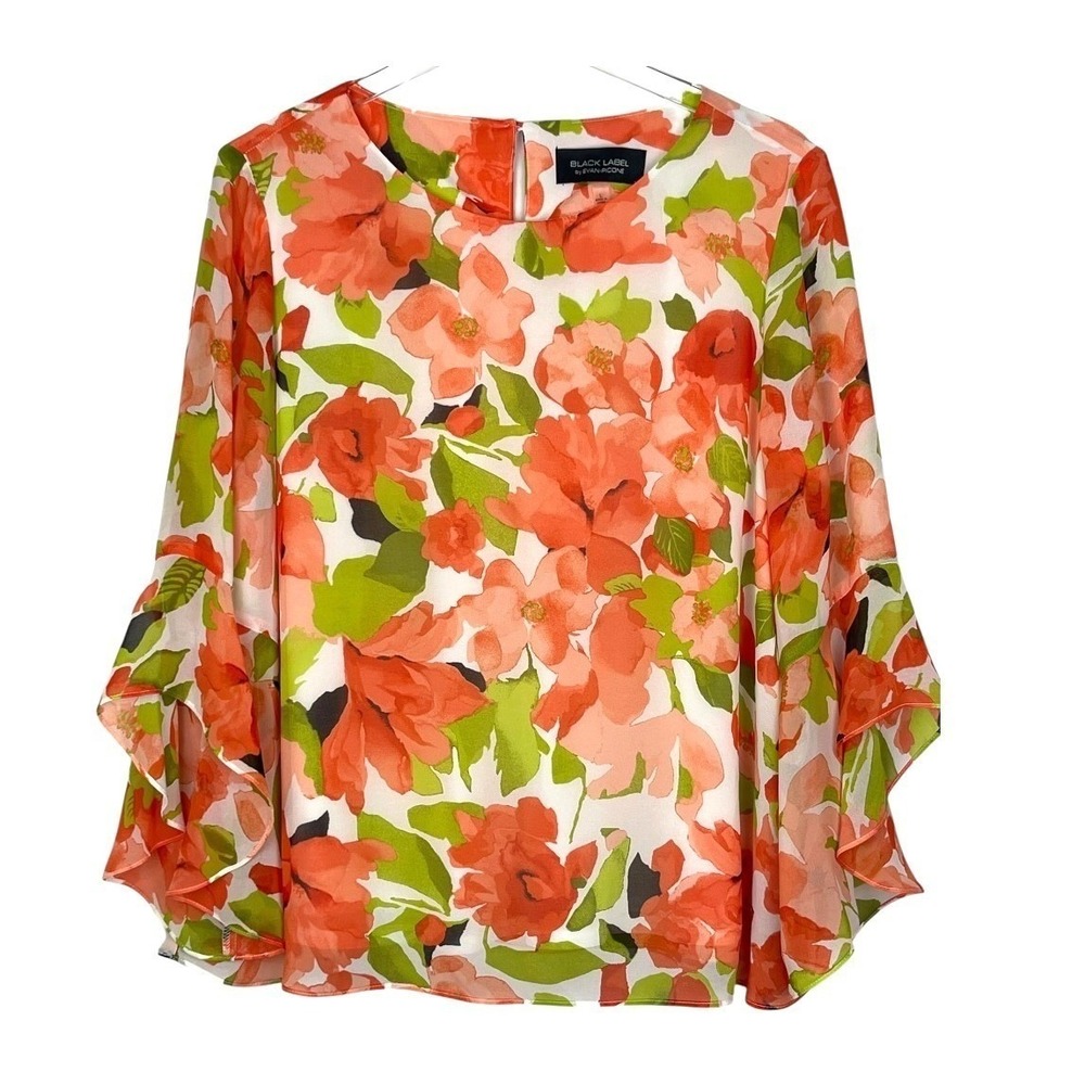 Black Label by Evan-Picone Floral Blouse‎ Women Large Orange Green Bell Sleeve L